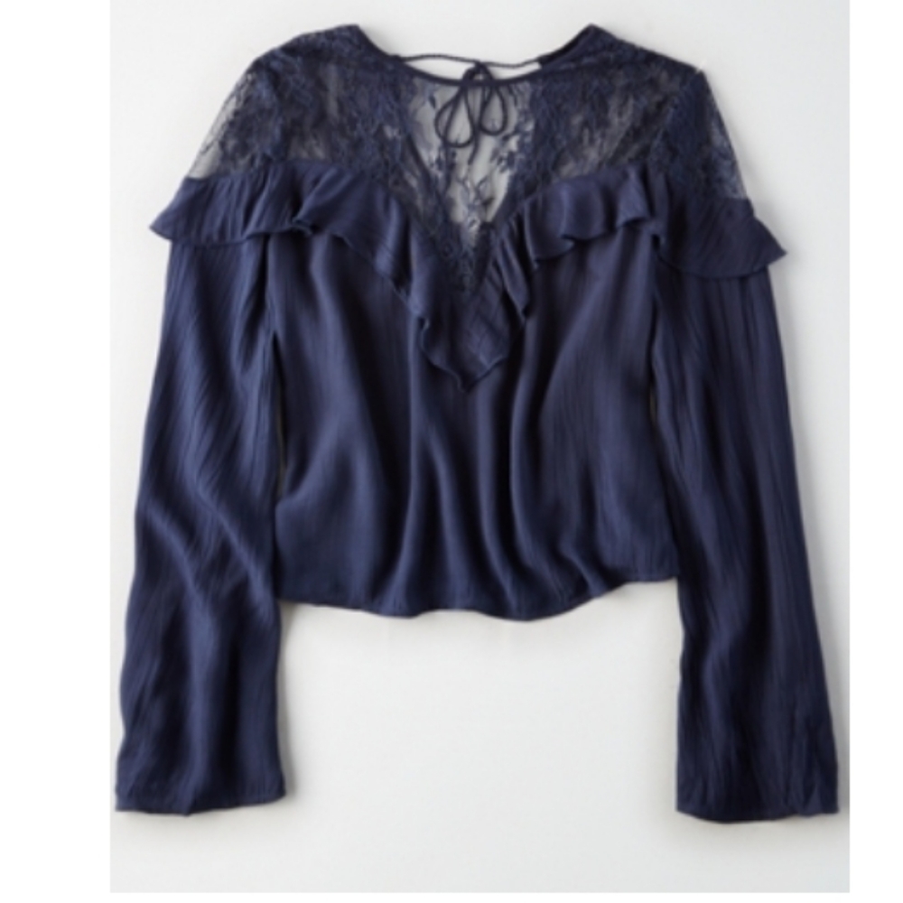 Beautiful smoky blue ruffled lace crop top.  Boho